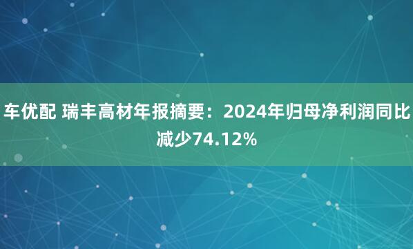 车优配 瑞丰高材年报摘要：2024年归母净利润同比减少74.12%